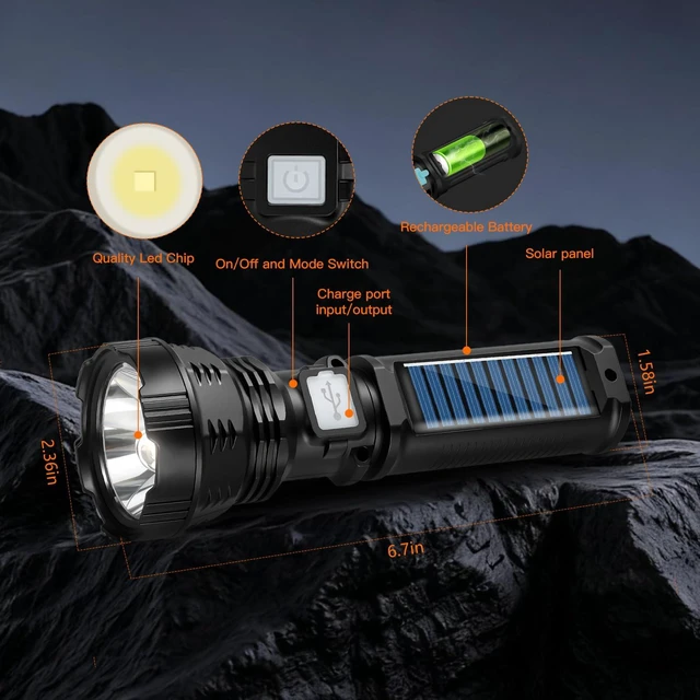 Alt view image 3 of 7 - Led Solar Flashlight, 1500 Lumens Led Solar Handheld Flashlights with IP65 Waterproof for Survival Emergencies Camping (4 Packs)