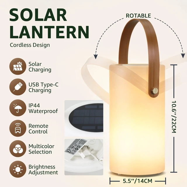 Alt view image 2 of 7 - Solar Table Lamp Outdoor Lantern 2 In 1 Rechargeable Waterproof | 2-Pack LED Portable Cordless Lights | with Remote 8 Colors | USB Battery Operated | IP44 for Patio Camping Outside/Indoor
