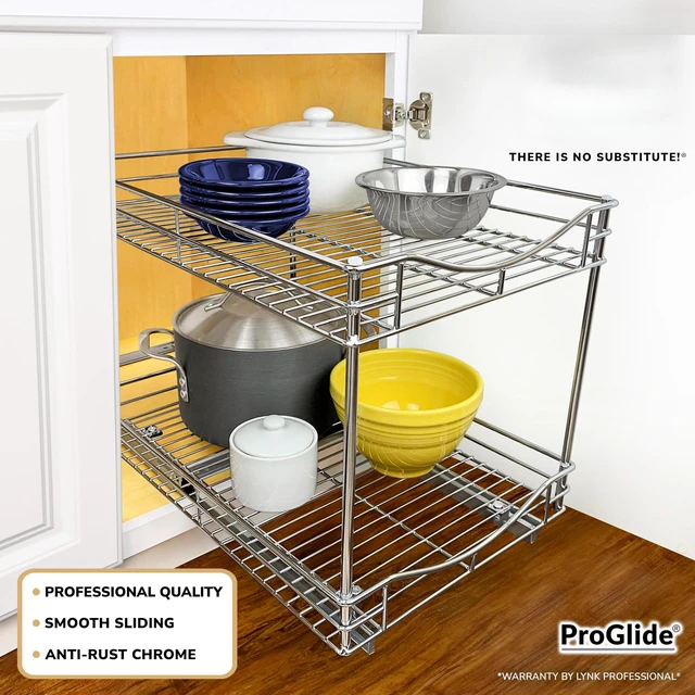 Alt view image 2 of 5 - Pull Out Cabinet Organizer, 2-Tier Slide Out Drawer | 14W x 21D chrome 2-Tier pull-out shelves add easy-access storage for pots, pans, cookware and kitchen essentials in cabinets