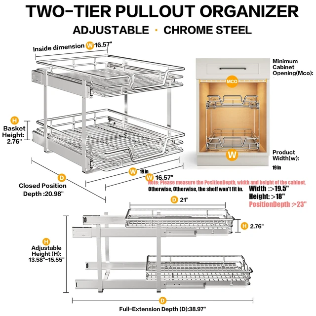 Alt view image 2 of 6 - 2-Tier Kitchen Cabinet Pull Out Shelf and Drawer Organizer Slide Out Pantry Storaqe Basket in Multiple Sizes (19" W x 21" D)