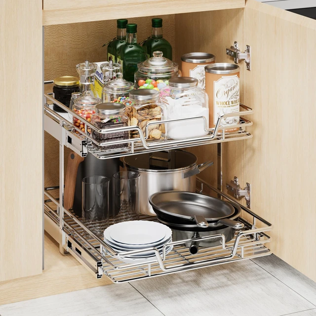 Alt view image 4 of 6 - 2-Tier Kitchen Cabinet Pull Out Shelf and Drawer Organizer Slide Out Pantry Storaqe Basket in Multiple Sizes (19" W x 21" D)