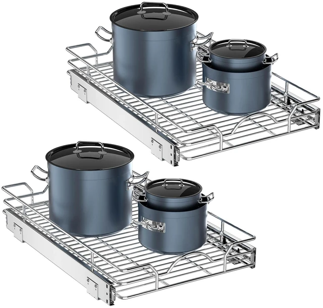 Main image of Pull Out Cabinet Organizer 2 Pack (15" W x 21" D), Pull out Shelves 1 Tier, Cabinet Slide Out Shelves for Base Cabinet Organization in Kitchen Bathroom Pantry, Bottom Mount, Chrome Finish