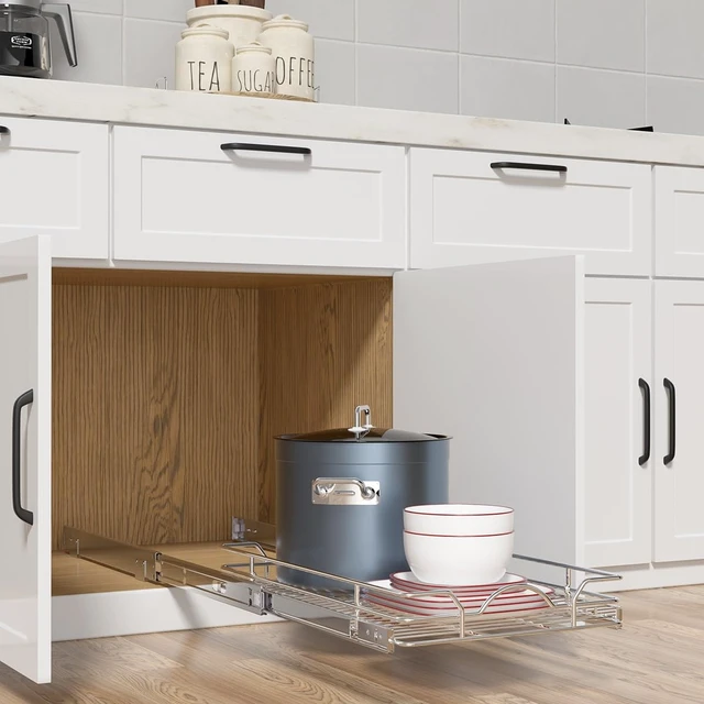 Alt view image 2 of 7 - Pull Out Cabinet Organizer 2 Pack (15" W x 21" D), Pull out Shelves 1 Tier, Cabinet Slide Out Shelves for Base Cabinet Organization in Kitchen Bathroom Pantry, Bottom Mount, Chrome Finish