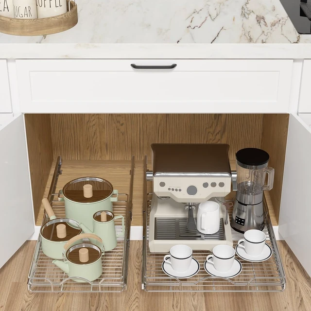 Alt view image 3 of 7 - Pull Out Cabinet Organizer 2 Pack (15" W x 21" D), Pull out Shelves 1 Tier, Cabinet Slide Out Shelves for Base Cabinet Organization in Kitchen Bathroom Pantry, Bottom Mount, Chrome Finish