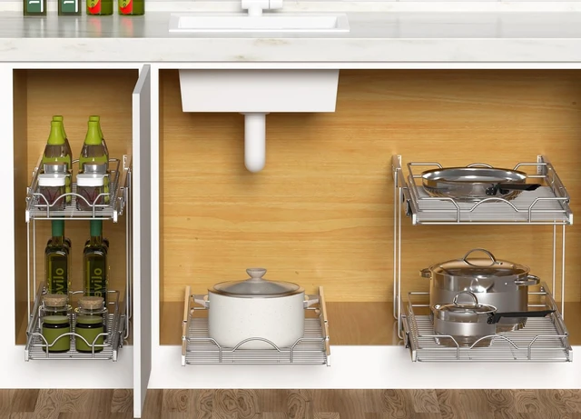 Alt view image 6 of 7 - Pull Out Cabinet Organizer 2 Pack (15" W x 21" D), Pull out Shelves 1 Tier, Cabinet Slide Out Shelves for Base Cabinet Organization in Kitchen Bathroom Pantry, Bottom Mount, Chrome Finish