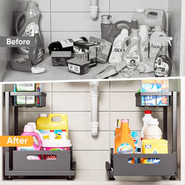 Alt view image 3 of 7 - 2-Pack L-Shaped Under Sink Organizer, 2-Tier Pull-out Cabinet Rack | Black Height-Adjustable Steel Rack, Sliding Grid Drawers with PP Liners, Holds 100 Lbs, Suction Base, Ideal Kitchen Storage