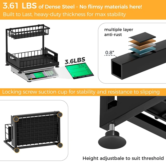 Alt view image 5 of 7 - 2-Pack L-Shaped Under Sink Organizer, 2-Tier Pull-out Cabinet Rack | Black Height-Adjustable Steel Rack, Sliding Grid Drawers with PP Liners, Holds 100 Lbs, Suction Base, Ideal Kitchen Storage