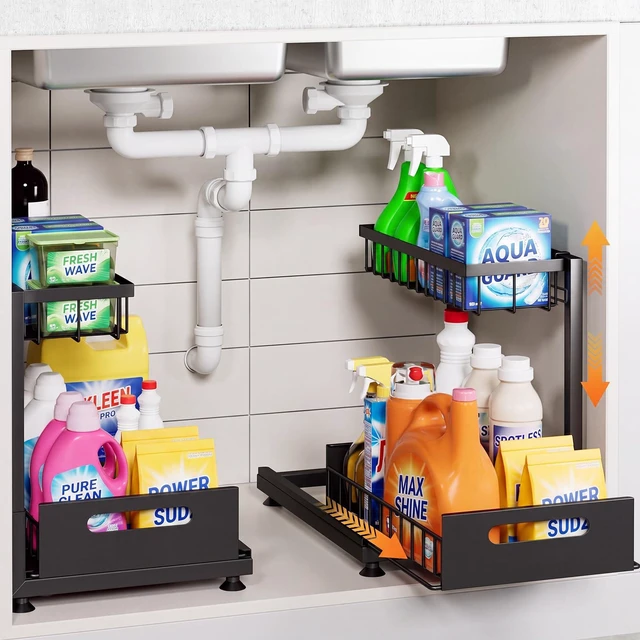 Main image of 2-Pack L-Shaped Under Sink Organizer, 2-Tier Pull-out Cabinet Rack | Black Height-Adjustable Steel Rack, Sliding Grid Drawers with PP Liners, Holds 100 Lbs, Suction Base, Ideal Kitchen Storage