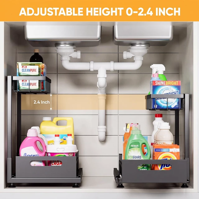 Alt view image 2 of 7 - 2-Pack L-Shaped Under Sink Organizer, 2-Tier Pull-out Cabinet Rack | Black Height-Adjustable Steel Rack, Sliding Grid Drawers with PP Liners, Holds 100 Lbs, Suction Base, Ideal Kitchen Storage