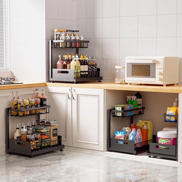 Alt view image 4 of 7 - 2-Pack L-Shaped Under Sink Organizer, 2-Tier Pull-out Cabinet Rack | Black Height-Adjustable Steel Rack, Sliding Grid Drawers with PP Liners, Holds 100 Lbs, Suction Base, Ideal Kitchen Storage