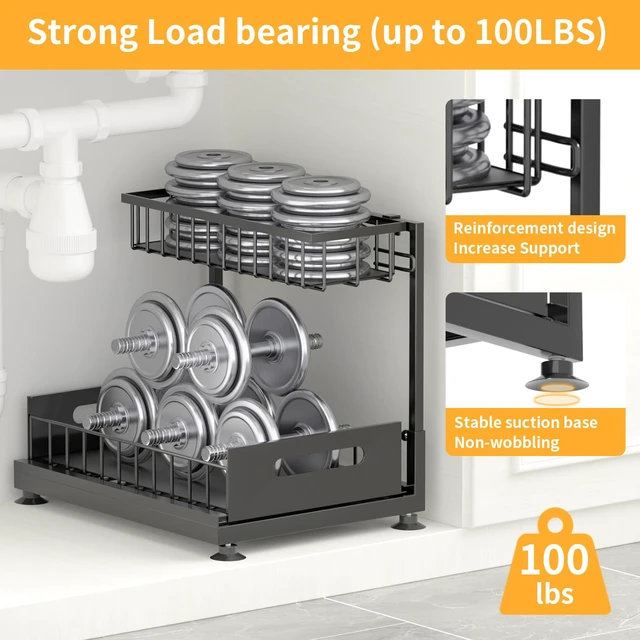 Alt view image 6 of 7 - 2-Pack L-Shaped Under Sink Organizer, 2-Tier Pull-out Cabinet Rack | Black Height-Adjustable Steel Rack, Sliding Grid Drawers with PP Liners, Holds 100 Lbs, Suction Base, Ideal Kitchen Storage