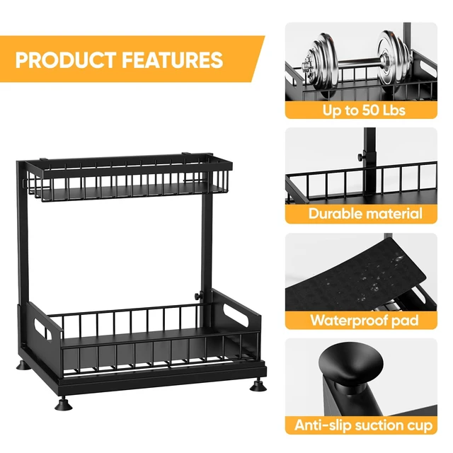 Alt view image 7 of 7 - 2-Pack L-Shaped Under Sink Organizer, 2-Tier Pull-out Cabinet Rack | Black Height-Adjustable Steel Rack, Sliding Grid Drawers with PP Liners, Holds 100 Lbs, Suction Base, Ideal Kitchen Storage