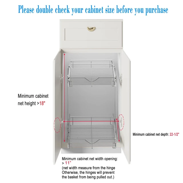 Alt view image 3 of 7 - 2 Tier Pull Out Cabinet Organizer (11" W X 21" D), Double Tier Wire Basket Slide Out Shelf Storage for Kitchen Base Cabinet Organization for Kitchen, Pantry, Bathroom, Chrome