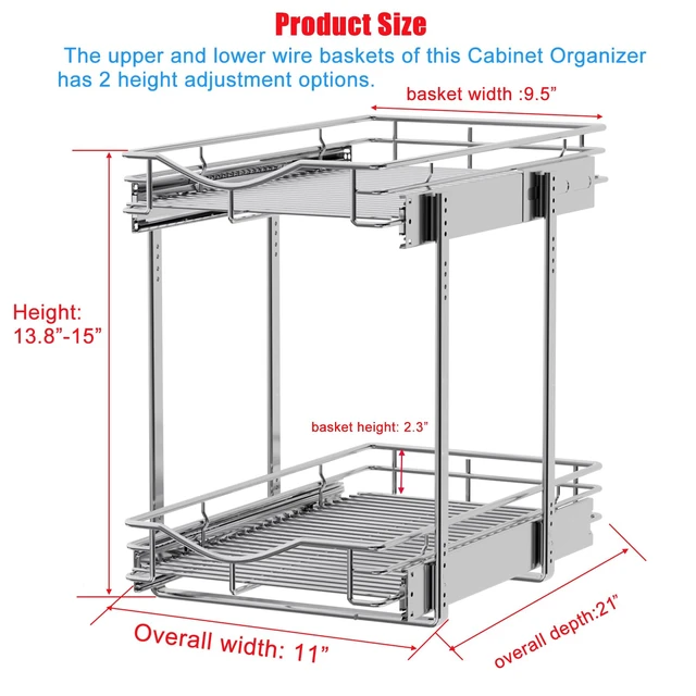 Alt view image 2 of 7 - 2 Tier Pull Out Cabinet Organizer (11" W X 21" D), Double Tier Wire Basket Slide Out Shelf Storage for Kitchen Base Cabinet Organization for Kitchen, Pantry, Bathroom, Chrome