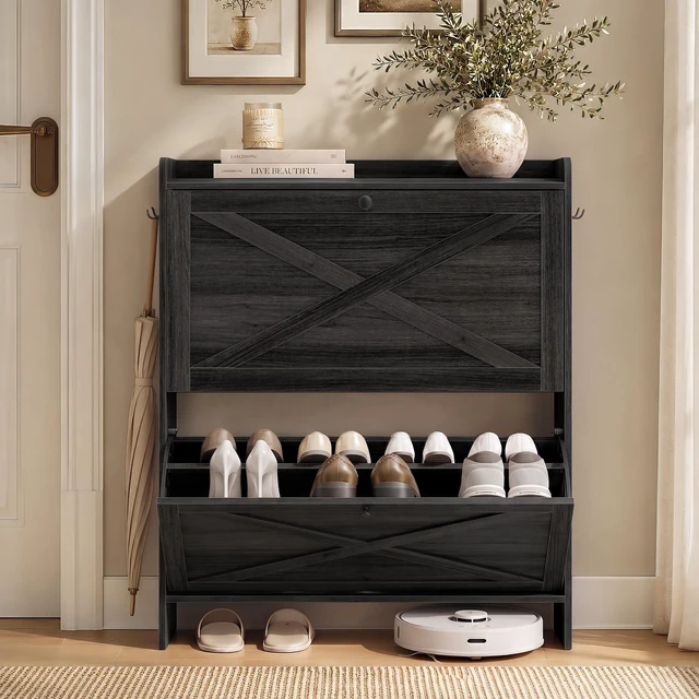 Main image of Narrow Shoe Storage Cabinet Organizer with 2 Flip Drawers | Freestanding Shoe Rack, Fits 14 to 16 Pairs, for Entryway, Farmhouse Style, Smoky Black, HAINS Collection UHSC203BJ01S