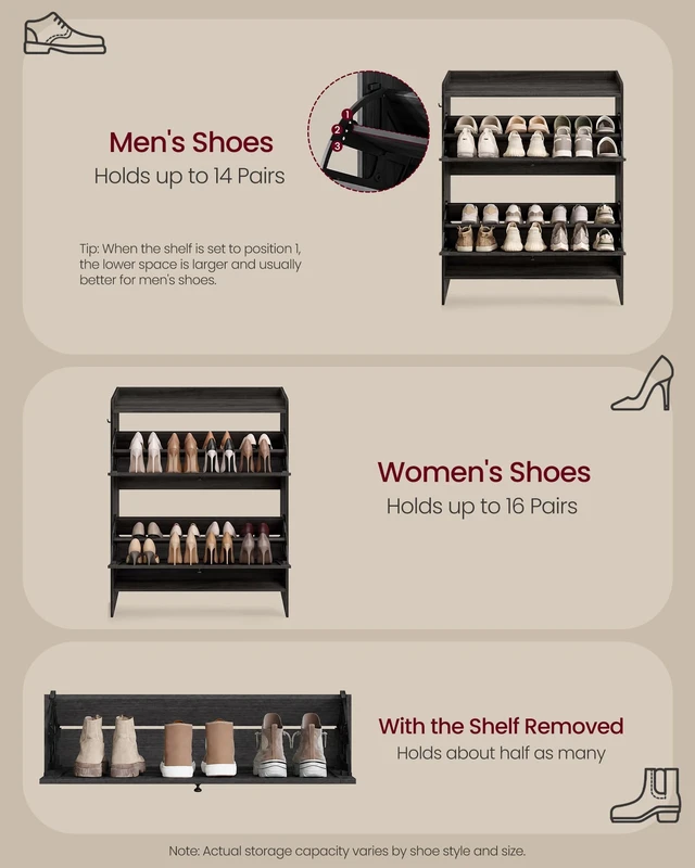 Alt view image 4 of 6 - Narrow Shoe Storage Cabinet Organizer with 2 Flip Drawers | Freestanding Shoe Rack, Fits 14 to 16 Pairs, for Entryway, Farmhouse Style, Smoky Black, HAINS Collection UHSC203BJ01S