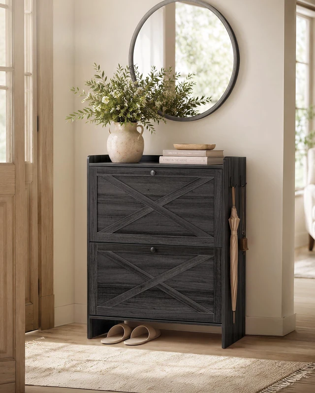 Alt view image 2 of 6 - Narrow Shoe Storage Cabinet Organizer with 2 Flip Drawers | Freestanding Shoe Rack, Fits 14 to 16 Pairs, for Entryway, Farmhouse Style, Smoky Black, HAINS Collection UHSC203BJ01S