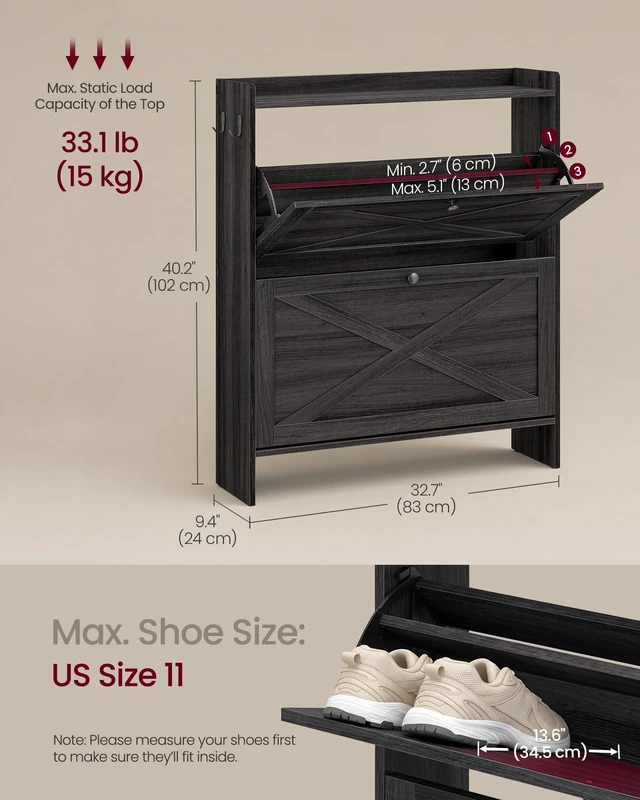 Alt view image 5 of 6 - Narrow Shoe Storage Cabinet Organizer with 2 Flip Drawers | Freestanding Shoe Rack, Fits 14 to 16 Pairs, for Entryway, Farmhouse Style, Smoky Black, HAINS Collection UHSC203BJ01S