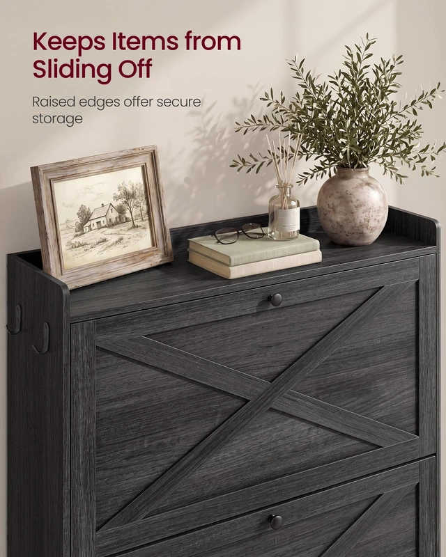 Alt view image 6 of 6 - Narrow Shoe Storage Cabinet Organizer with 2 Flip Drawers | Freestanding Shoe Rack, Fits 14 to 16 Pairs, for Entryway, Farmhouse Style, Smoky Black, HAINS Collection UHSC203BJ01S
