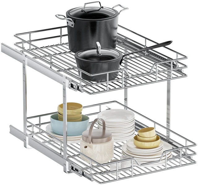 Main image of 2-Tier Pull Out Cabinet Organizer, 19.5" W x 21.5" D, Heavy Duty Dual Slide Out Shelves for Base Cabinets, Chrome Wire Basket Drawer for Pantry, Kitchen & Bathroom Storage