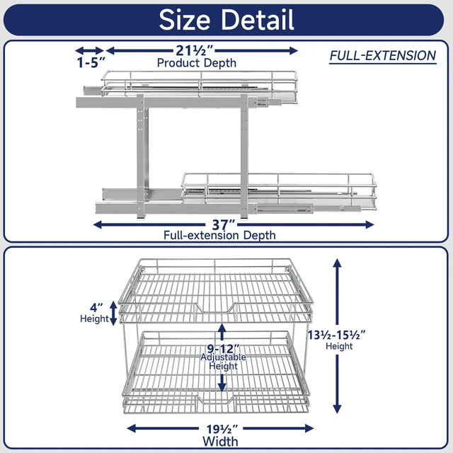 Alt view image 2 of 7 - 2-Tier Pull Out Cabinet Organizer, 19.5" W x 21.5" D, Heavy Duty Dual Slide Out Shelves for Base Cabinets, Chrome Wire Basket Drawer for Pantry, Kitchen & Bathroom Storage