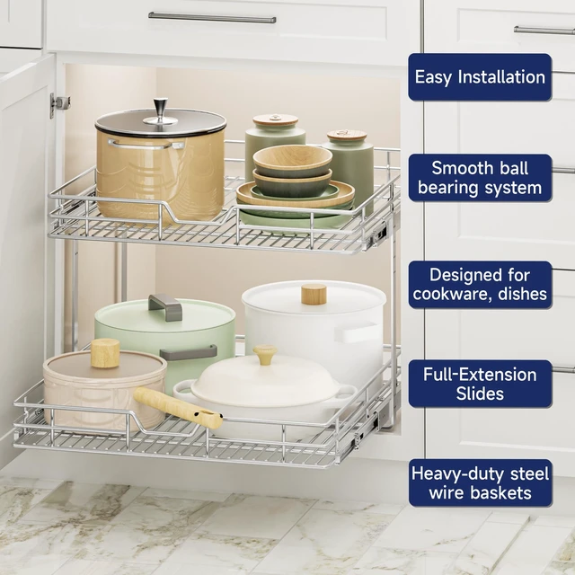 Alt view image 4 of 7 - 2-Tier Pull Out Cabinet Organizer, 19.5" W x 21.5" D, Heavy Duty Dual Slide Out Shelves for Base Cabinets, Chrome Wire Basket Drawer for Pantry, Kitchen & Bathroom Storage