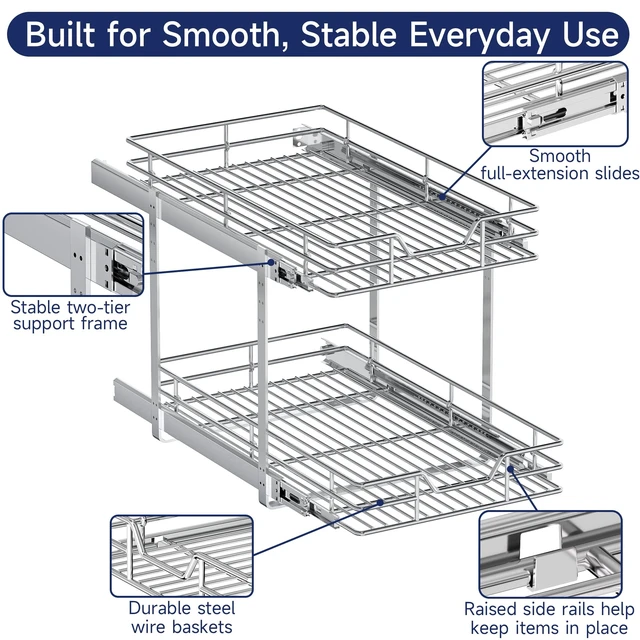 Alt view image 5 of 7 - 2-Tier Pull Out Cabinet Organizer, 19.5" W x 21.5" D, Heavy Duty Dual Slide Out Shelves for Base Cabinets, Chrome Wire Basket Drawer for Pantry, Kitchen & Bathroom Storage