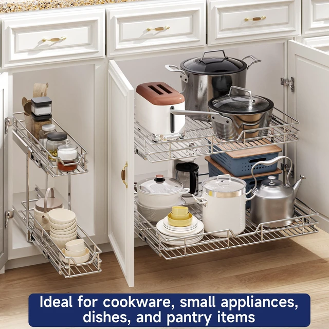 Alt view image 6 of 7 - 2-Tier Pull Out Cabinet Organizer, 19.5" W x 21.5" D, Heavy Duty Dual Slide Out Shelves for Base Cabinets, Chrome Wire Basket Drawer for Pantry, Kitchen & Bathroom Storage