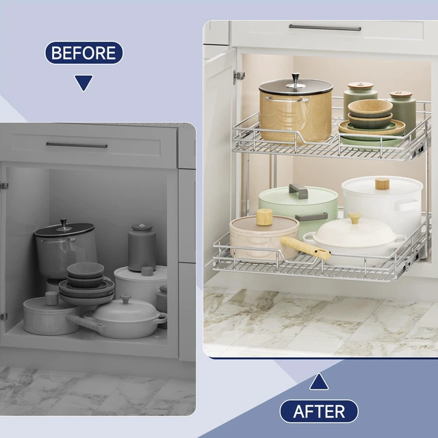 Alt view image 7 of 7 - 2-Tier Pull Out Cabinet Organizer, 19.5" W x 21.5" D, Heavy Duty Dual Slide Out Shelves for Base Cabinets, Chrome Wire Basket Drawer for Pantry, Kitchen & Bathroom Storage