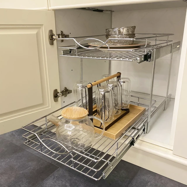 Alt view image 6 of 7 - Pull Out Cabinet Organizer 14"W 21"D 2-Tier Slide Out Storage Shelf
