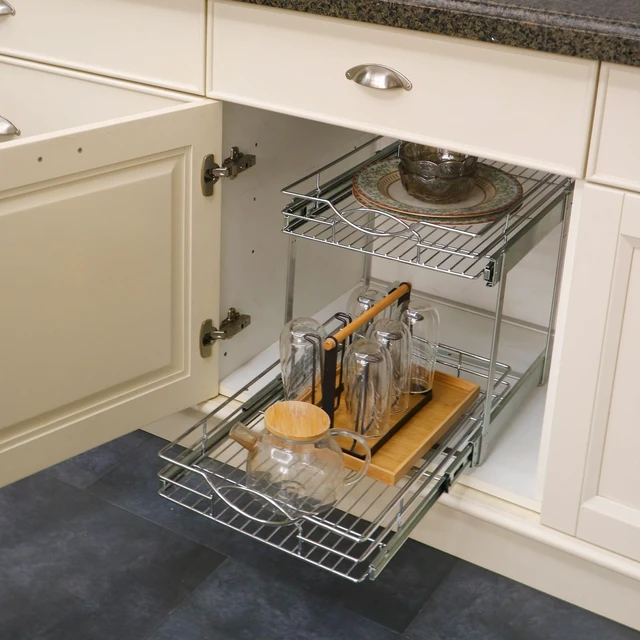 Alt view image 5 of 7 - Pull Out Cabinet Organizer 14"W 21"D 2-Tier Slide Out Storage Shelf