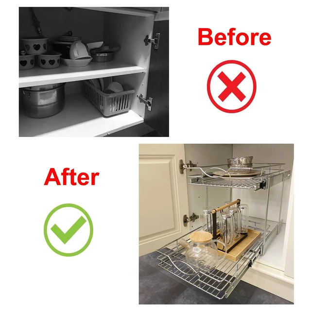 Alt view image 7 of 7 - Pull Out Cabinet Organizer 14"W 21"D 2-Tier Slide Out Storage Shelf