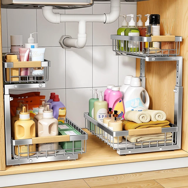 Main image of Under Sink Organizer, Adjustable Height, 2 Tier Pull Out Cabinet Organizer, Slide Out Thickened Metal Storage for Kitchen Bathroom Laundry Pantry Cabinet, Stainless Steel, Silver, Large-2-Pack