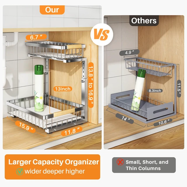 Alt view image 2 of 7 - Under Sink Organizer, Adjustable Height, 2 Tier Pull Out Cabinet Organizer, Slide Out Thickened Metal Storage for Kitchen Bathroom Laundry Pantry Cabinet, Stainless Steel, Silver, Large-2-Pack