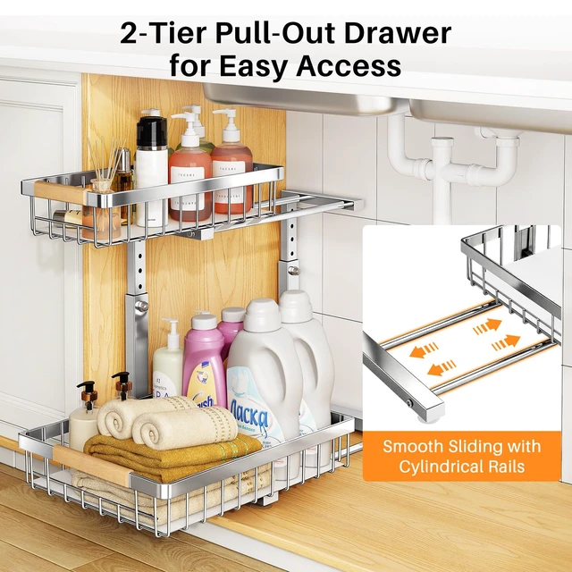 Alt view image 3 of 7 - Under Sink Organizer, Adjustable Height, 2 Tier Pull Out Cabinet Organizer, Slide Out Thickened Metal Storage for Kitchen Bathroom Laundry Pantry Cabinet, Stainless Steel, Silver, Large-2-Pack