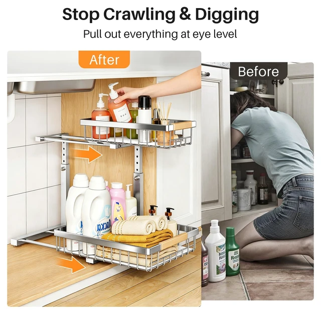 Alt view image 4 of 7 - Under Sink Organizer, Adjustable Height, 2 Tier Pull Out Cabinet Organizer, Slide Out Thickened Metal Storage for Kitchen Bathroom Laundry Pantry Cabinet, Stainless Steel, Silver, Large-2-Pack