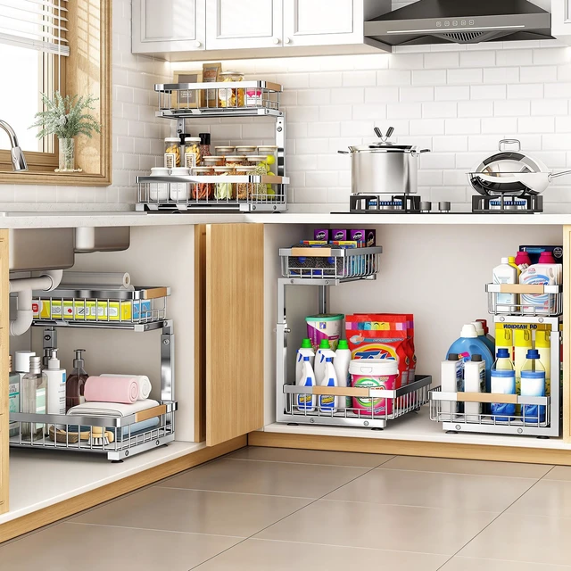 Alt view image 7 of 7 - Under Sink Organizer, Adjustable Height, 2 Tier Pull Out Cabinet Organizer, Slide Out Thickened Metal Storage for Kitchen Bathroom Laundry Pantry Cabinet, Stainless Steel, Silver, Large-2-Pack