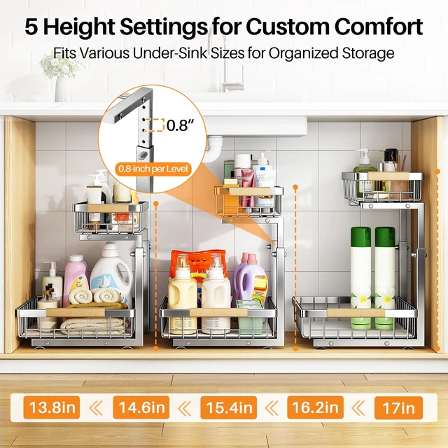 Alt view image 5 of 7 - Under Sink Organizer, Adjustable Height, 2 Tier Pull Out Cabinet Organizer, Slide Out Thickened Metal Storage for Kitchen Bathroom Laundry Pantry Cabinet, Stainless Steel, Silver, Large-2-Pack