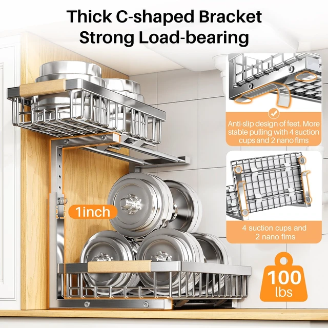 Alt view image 6 of 7 - Under Sink Organizer, Adjustable Height, 2 Tier Pull Out Cabinet Organizer, Slide Out Thickened Metal Storage for Kitchen Bathroom Laundry Pantry Cabinet, Stainless Steel, Silver, Large-2-Pack