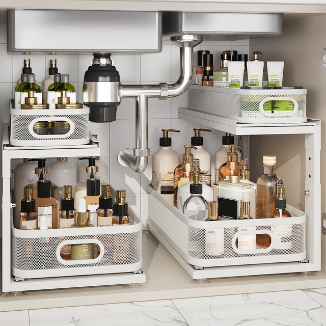 Main image of 2 Pack 18.5IN-Depth Under Sink Organizer With Next-Gen Ball-Bearing Slides,2-Tier Precision Mesh Pull Out Cabinet Storage for Bathroom&Kitchen,Height Adjustable Drawers Shelf,Anti-rust-White