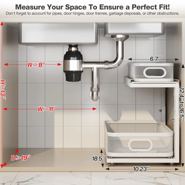 Alt view image 2 of 7 - 2 Pack 18.5IN-Depth Under Sink Organizer With Next-Gen Ball-Bearing Slides,2-Tier Precision Mesh Pull Out Cabinet Storage for Bathroom&Kitchen,Height Adjustable Drawers Shelf,Anti-rust-White