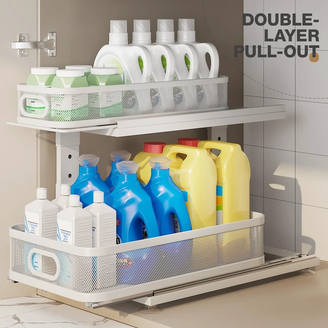 Alt view image 4 of 7 - 2 Pack 18.5IN-Depth Under Sink Organizer With Next-Gen Ball-Bearing Slides,2-Tier Precision Mesh Pull Out Cabinet Storage for Bathroom&Kitchen,Height Adjustable Drawers Shelf,Anti-rust-White