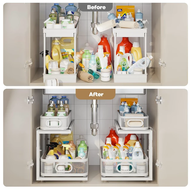 Alt view image 6 of 7 - 2 Pack 18.5IN-Depth Under Sink Organizer With Next-Gen Ball-Bearing Slides,2-Tier Precision Mesh Pull Out Cabinet Storage for Bathroom&Kitchen,Height Adjustable Drawers Shelf,Anti-rust-White