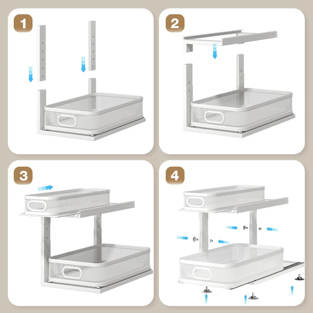Alt view image 5 of 7 - 2 Pack 18.5IN-Depth Under Sink Organizer With Next-Gen Ball-Bearing Slides,2-Tier Precision Mesh Pull Out Cabinet Storage for Bathroom&Kitchen,Height Adjustable Drawers Shelf,Anti-rust-White