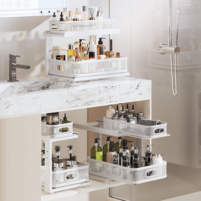 Alt view image 7 of 7 - 2 Pack 18.5IN-Depth Under Sink Organizer With Next-Gen Ball-Bearing Slides,2-Tier Precision Mesh Pull Out Cabinet Storage for Bathroom&Kitchen,Height Adjustable Drawers Shelf,Anti-rust-White