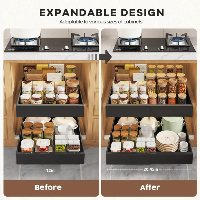 Alt view image 2 of 6 - 2 Pack Pull Out Cabinet Organizers 21"Deep with Raising Pad for Framed Cabinets,Expandable Slide Out Drawers Upgrade 3 Slide Rails,Roll Out Shelves Adhesive,Adjustable Width 12"-20.45" Black