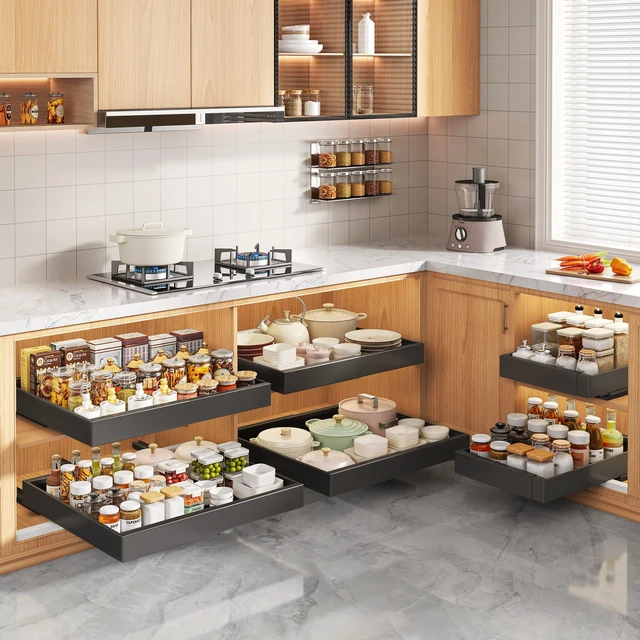 Alt view image 3 of 6 - 2 Pack Pull Out Cabinet Organizers 21"Deep with Raising Pad for Framed Cabinets,Expandable Slide Out Drawers Upgrade 3 Slide Rails,Roll Out Shelves Adhesive,Adjustable Width 12"-20.45" Black
