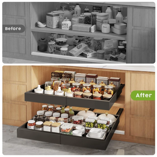 Alt view image 6 of 6 - 2 Pack Pull Out Cabinet Organizers 21"Deep with Raising Pad for Framed Cabinets,Expandable Slide Out Drawers Upgrade 3 Slide Rails,Roll Out Shelves Adhesive,Adjustable Width 12"-20.45" Black