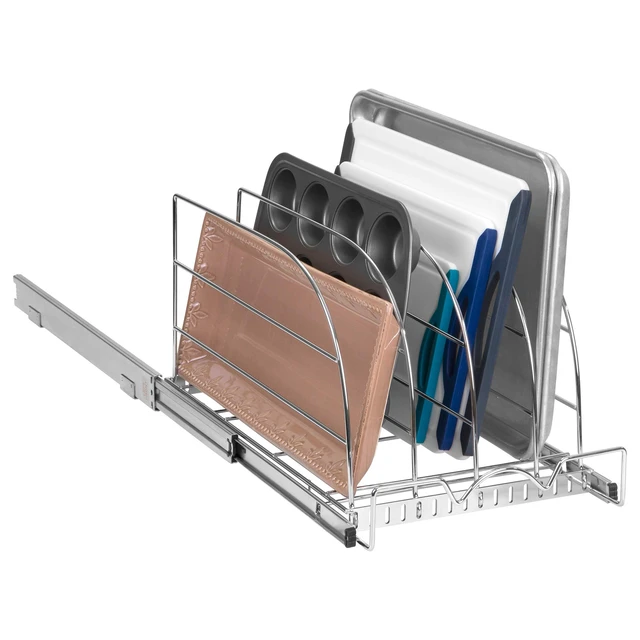 Alt view image 4 of 7 - Pull Out Organizer for Bakeware, Cutting Board and Trays, 12.5W x 21D | Stores Cutting Board and Trays, Adjustable Dividers, Heavy Duty, Lifetime Limited Warranty - For Narrow Cabinet Spaces