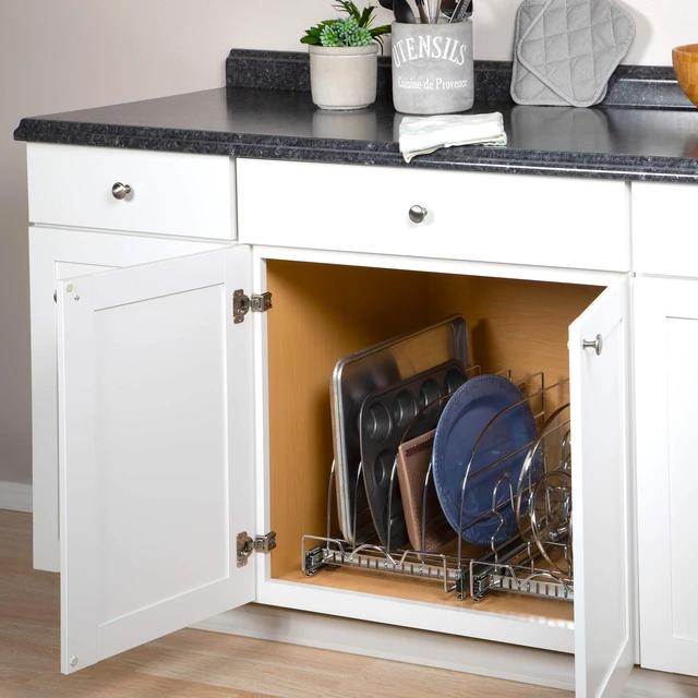 Alt view image 3 of 7 - Pull Out Organizer for Bakeware, Cutting Board and Trays, 12.5W x 21D | Stores Cutting Board and Trays, Adjustable Dividers, Heavy Duty, Lifetime Limited Warranty - For Narrow Cabinet Spaces